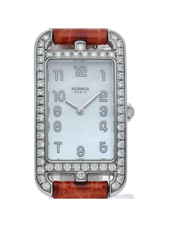 Hermes Nantucket Watch Diamond Bezel Shell Box SS
